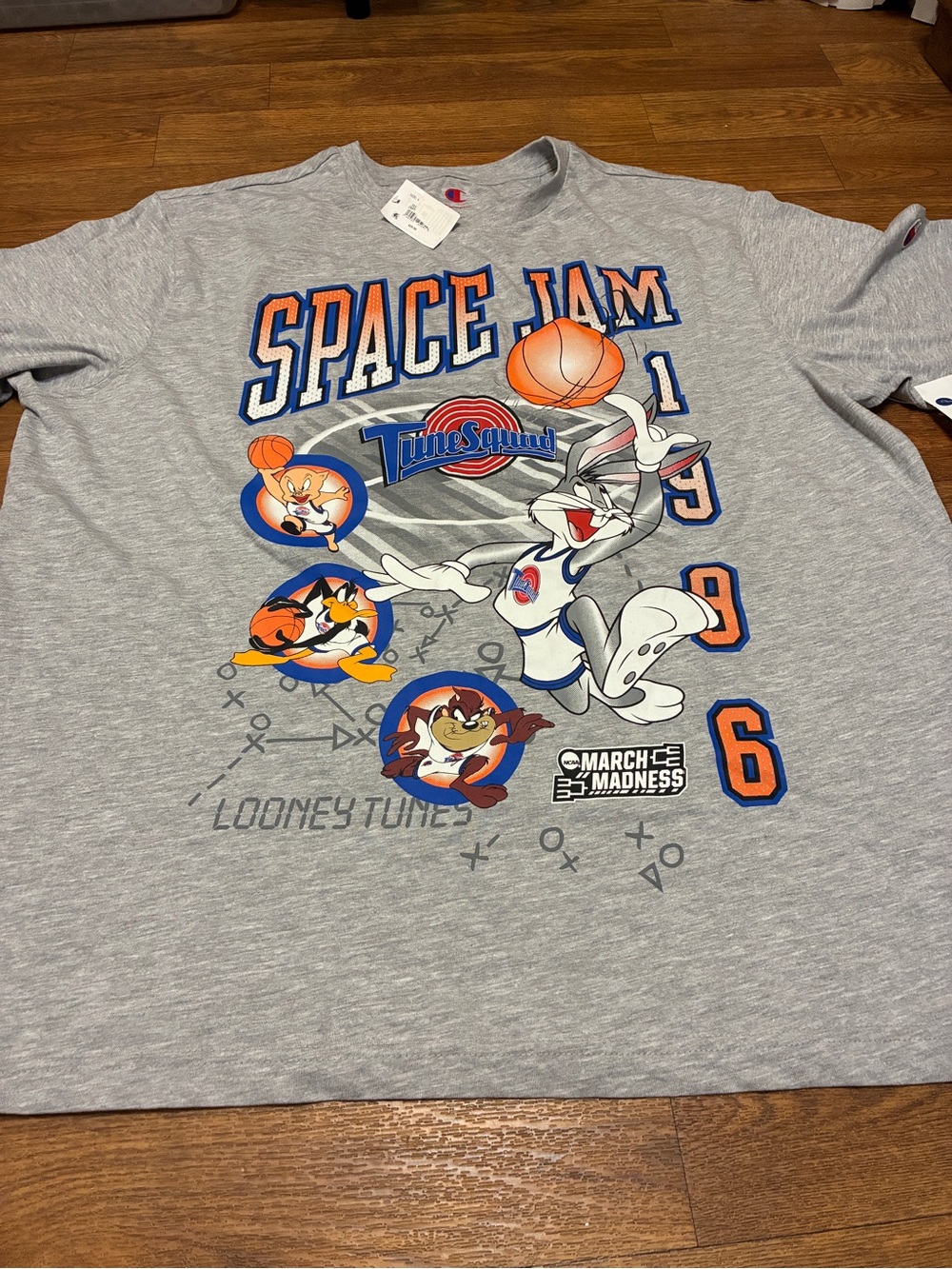 Champion Men’s Gray Space Jam Looney Tunes Hoodie-Style T-shirt Size XL NWT
